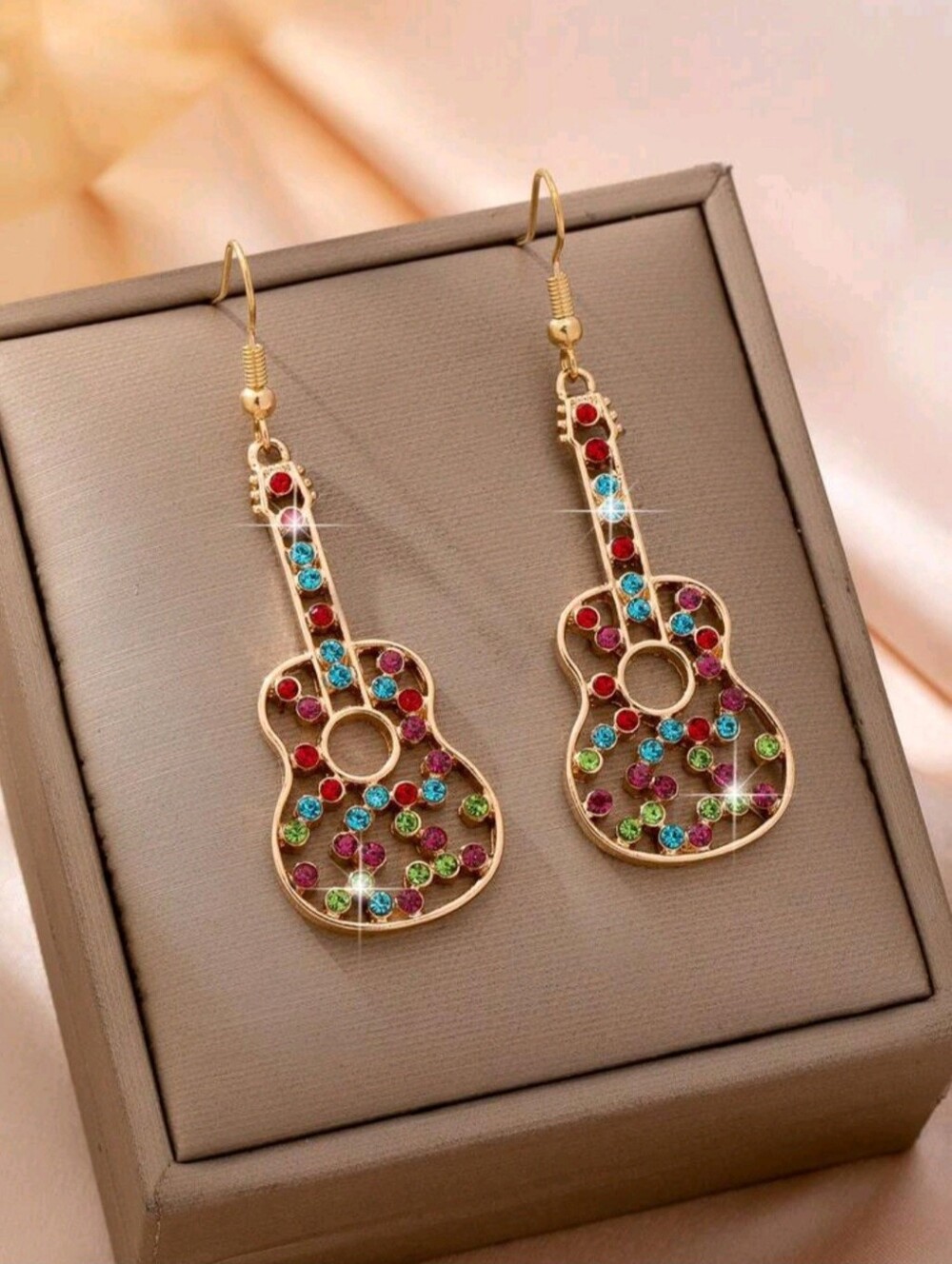 Rhinestone Guitar Earrings Multicolor Gem Tones Gold Music Country Western Glam